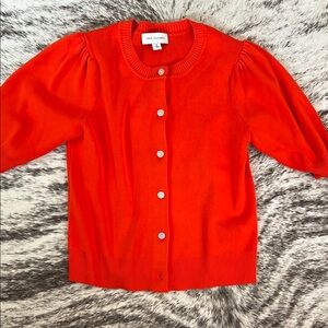 Red Cropped Cardigan Sweater with Crew Neck